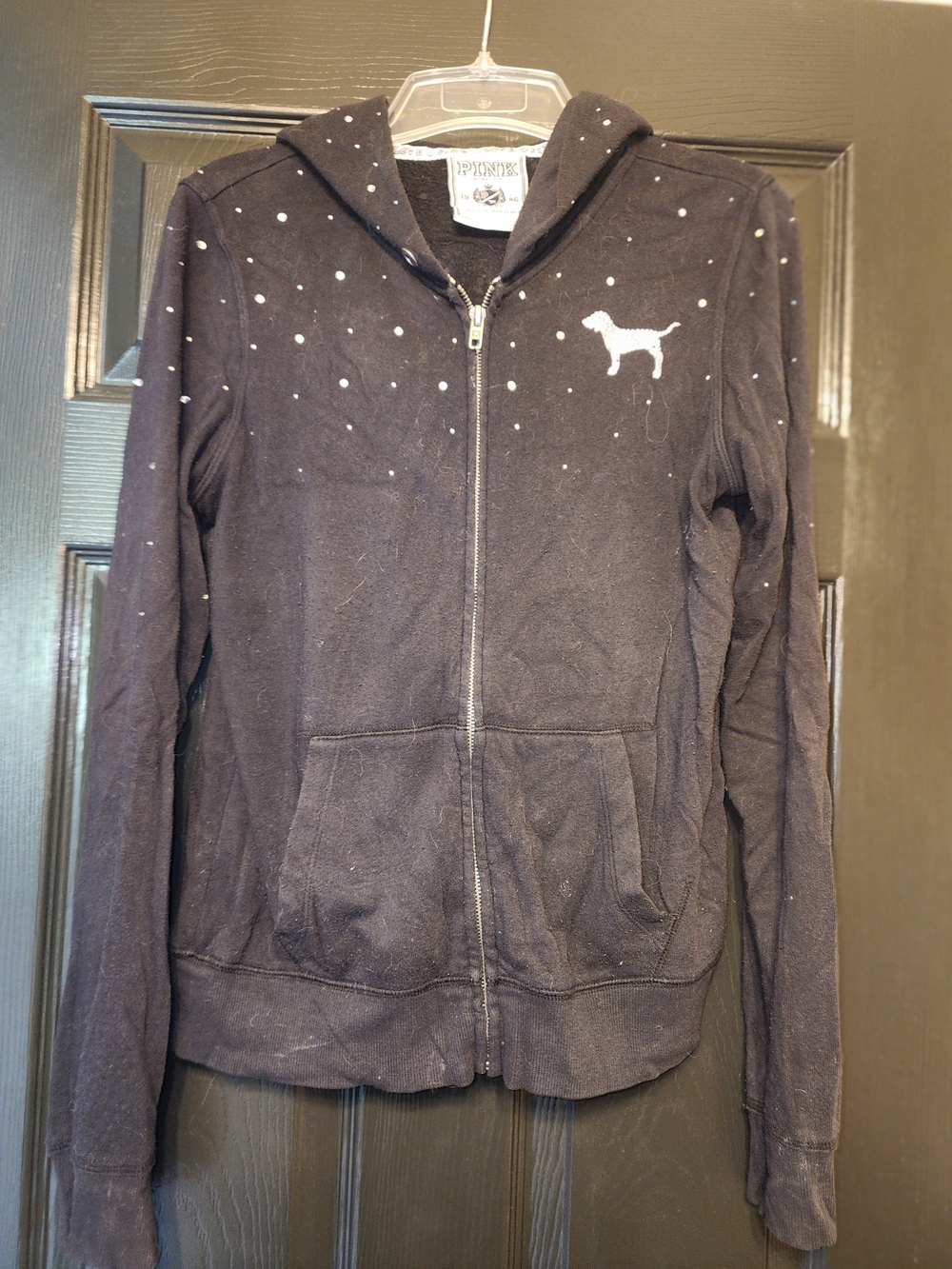 PINK Victoria's Secret Black Zip-Up Hoodie with Rhinestone Dog Logo & Famous